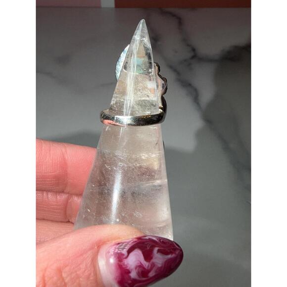 Triple Stone Prehnite & Flashy Moonstone Floral Ring: Sterling Silver - Size 7 - Picture 6 of 9